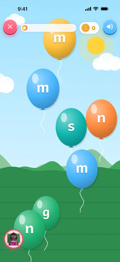 Balloon Pop: balloons carrying letter sounds