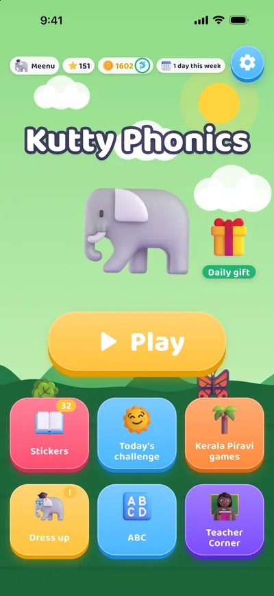 Kutty Phonics home screen with Play and the dress-up, stickers and challenge tiles