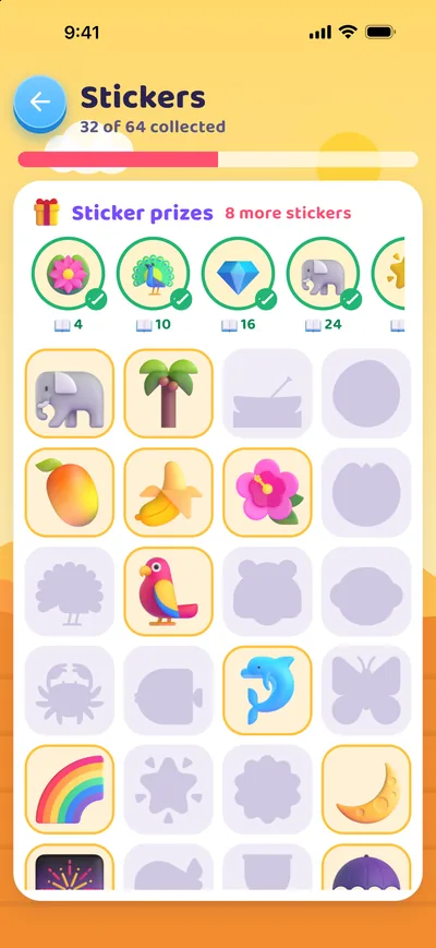 The sticker book with its row of sticker prizes